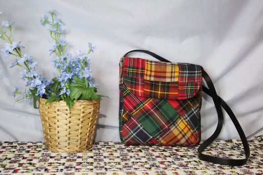 Mixed Tartan Upcycled Satchel Bag with Thin Belt Strap