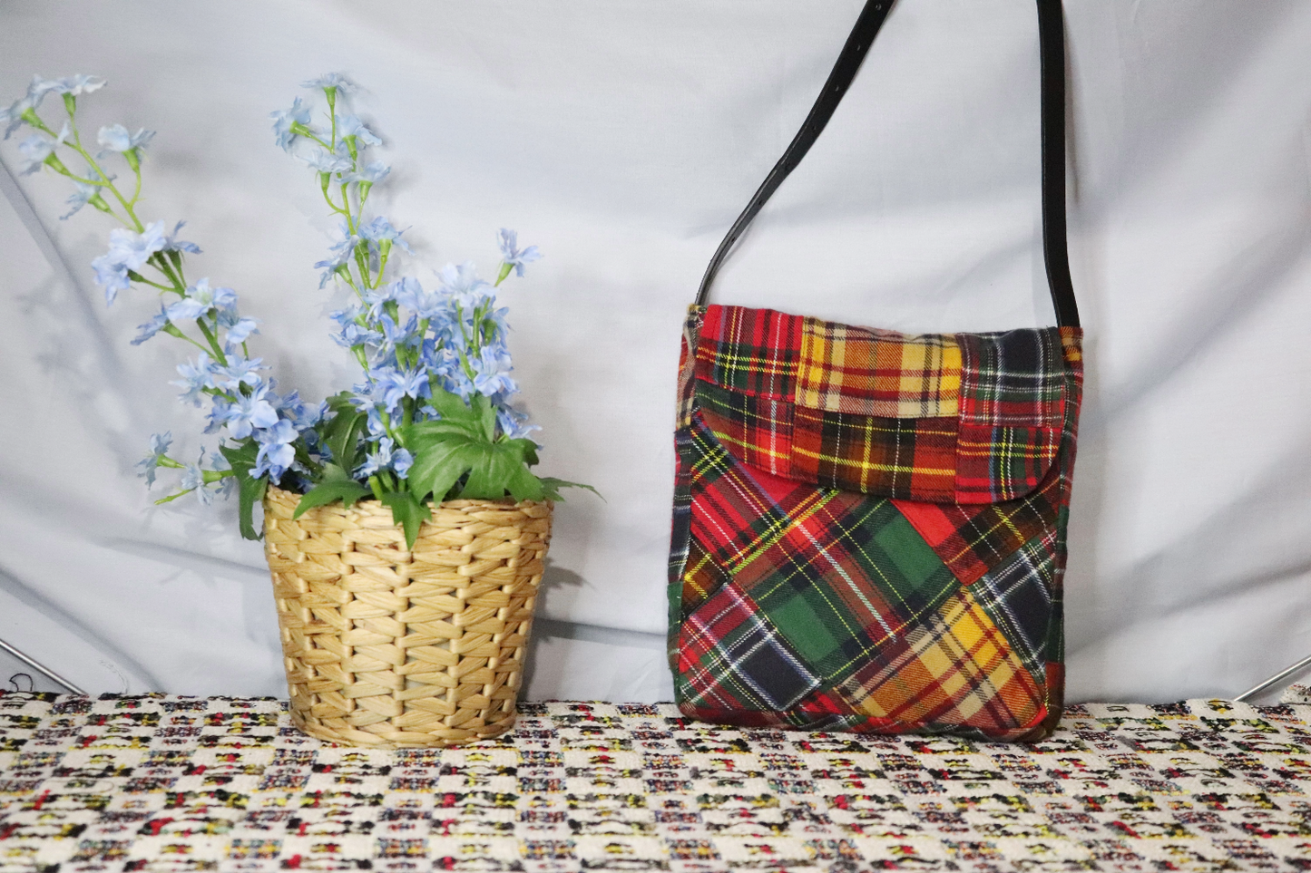 Mixed Tartan Upcycled Satchel Bag with Thin Belt Strap