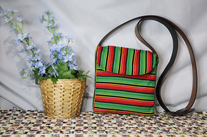 Caribbean Striped Upcycled Satchel Bag with Belt Strap