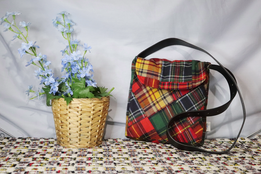 Mixed Tartan Upcycled Satchel Bag with Belt Strap