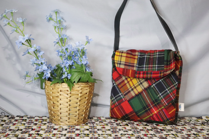 Mixed Tartan Upcycled Satchel Bag with Belt Strap