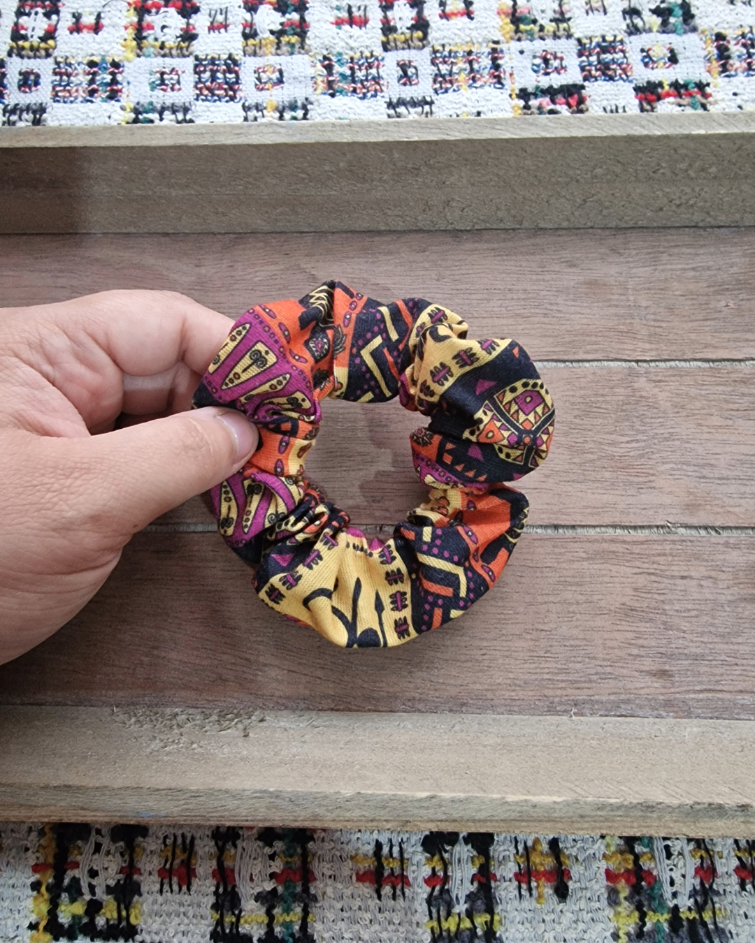 Upcycled Hair Scrunchie: Orange & Yellow Print (Skinny)