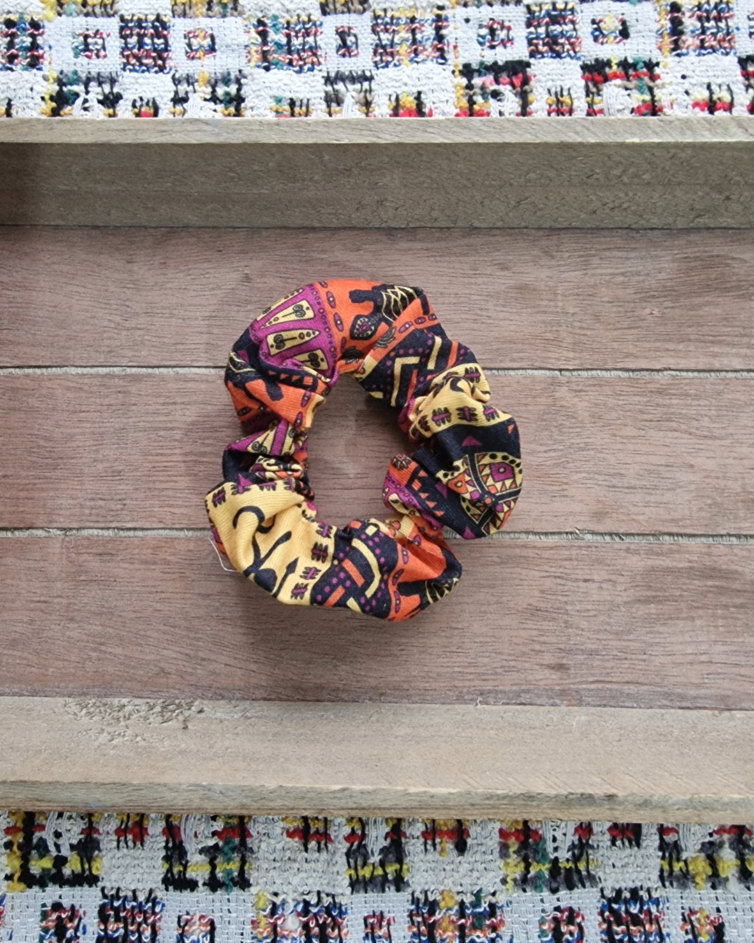 Upcycled Hair Scrunchie: Orange & Yellow Print (Skinny)