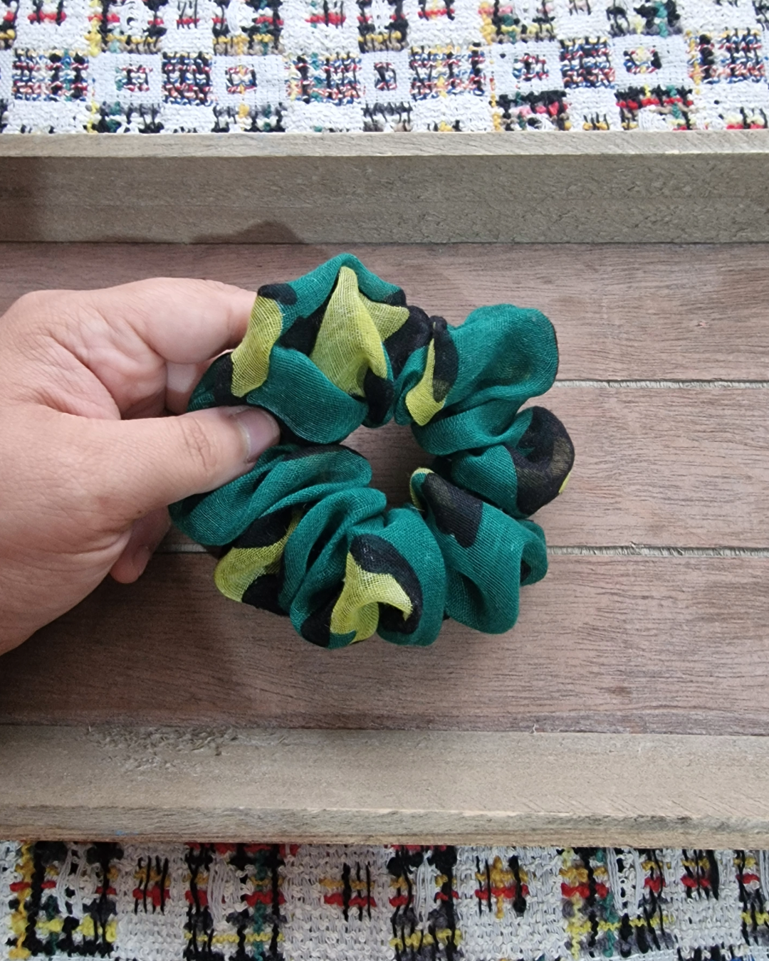 Upcycled Hair Scrunchie: Large Dotted Green & Yellow