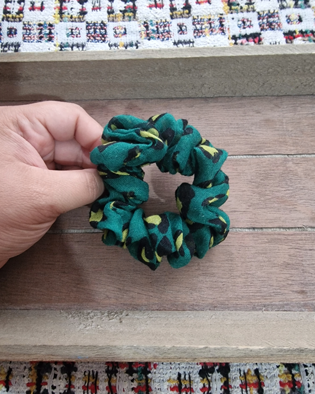 Upcycled Hair Scrunchie: Small Dotted Green & Yellow