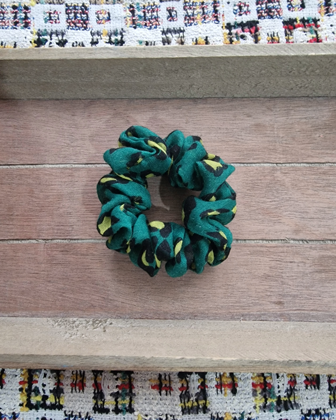 Upcycled Hair Scrunchie: Small Dotted Green & Yellow