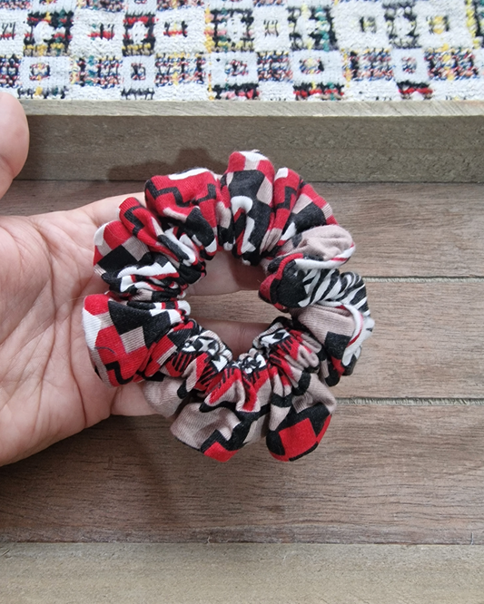 Upcycled Hair Scrunchie: Red & White Geometric