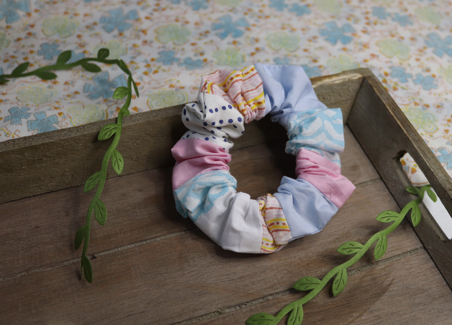 trans pride hair scrunchies using scrap fabric, angle 1