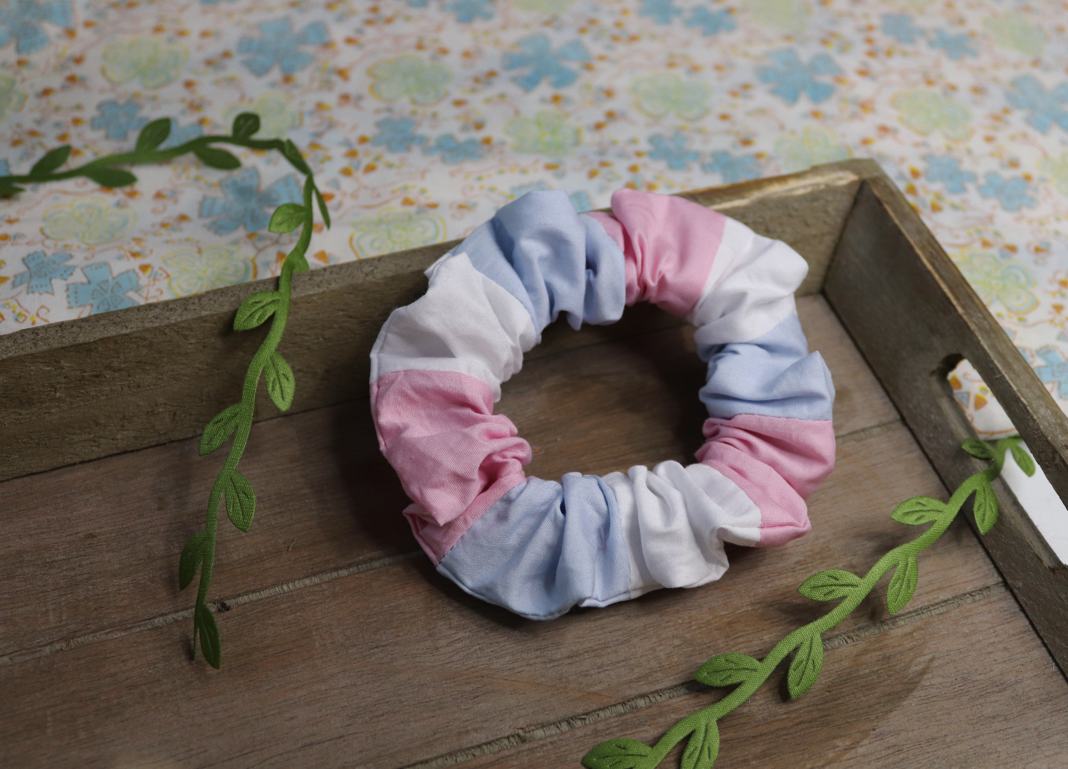 handmade hair scrunchie in the trans flag colours