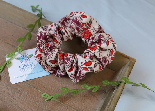 handmade floral hair scrunchie, red floral scrunchie