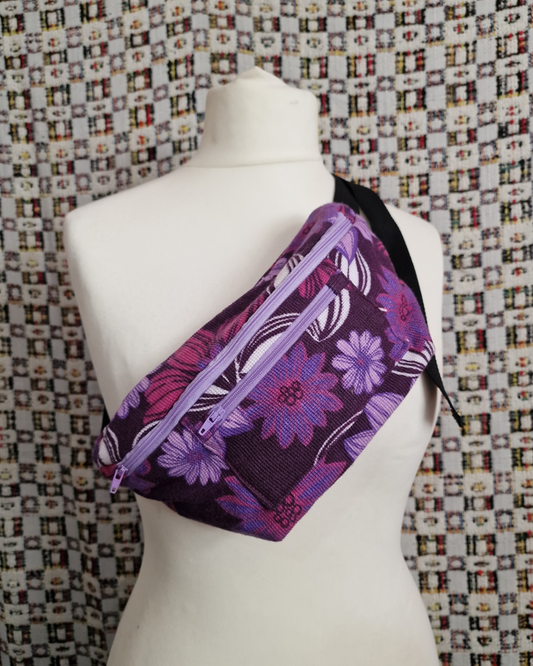 Purple Floral Upcycled Bum Bag (Purple Zip)