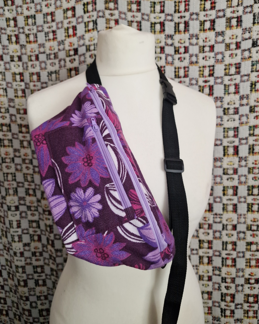 Purple Floral Upcycled Bum Bag (Purple Zip)