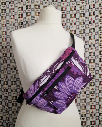 Purple Floral Upcycled Bum Bag (Black Zip)