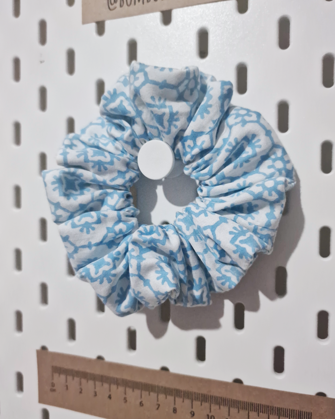 Upcycled Hair Scrunchie: Blue Hive Print