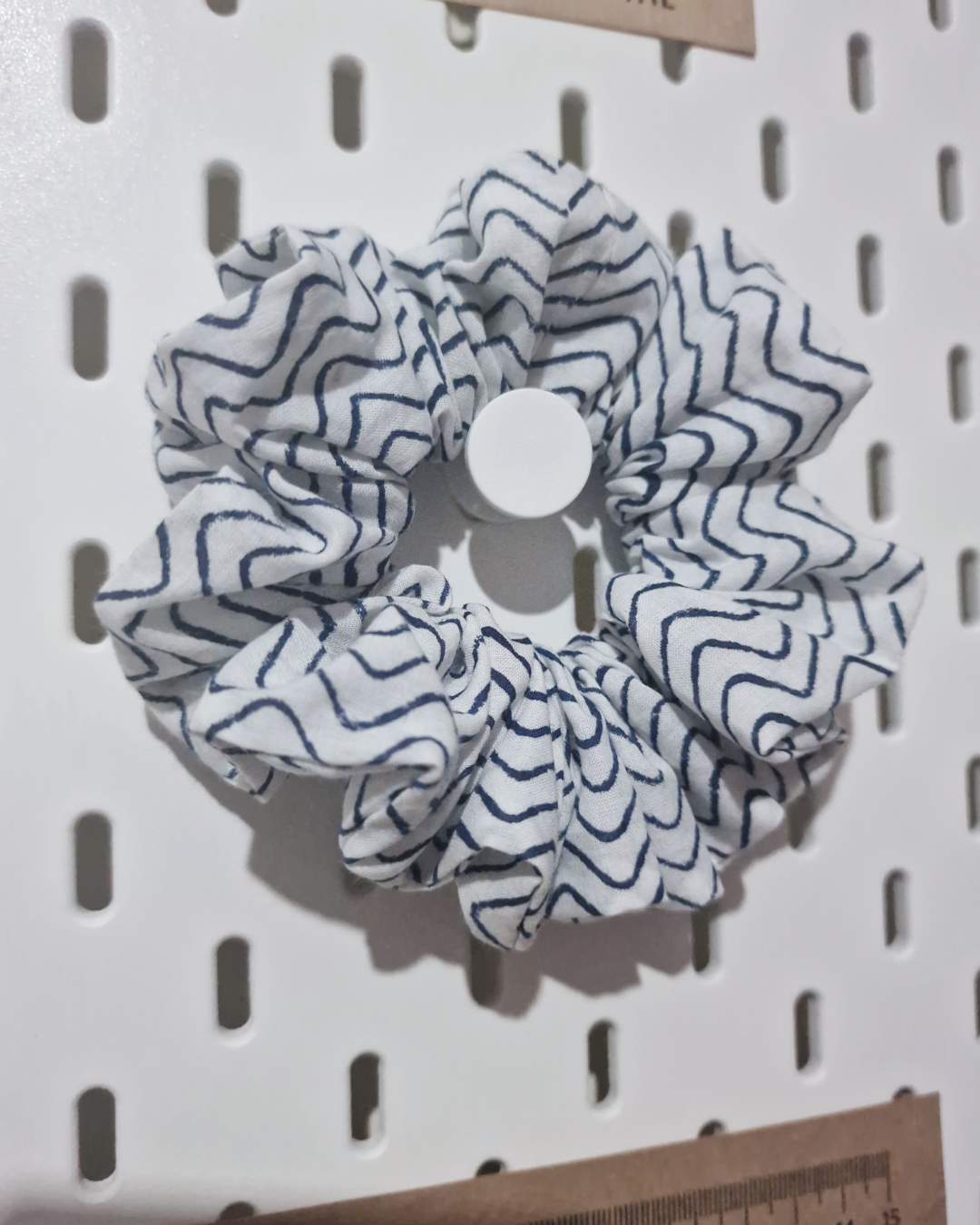 Upcycled Hair Scrunchie: Navy Wavy Lines