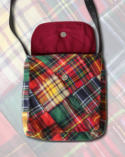 Mixed Tartan Upcycled Satchel Bag with Belt Strap