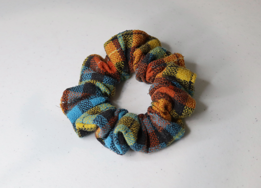 orange yellow blue tartan handmade hair scrunchie