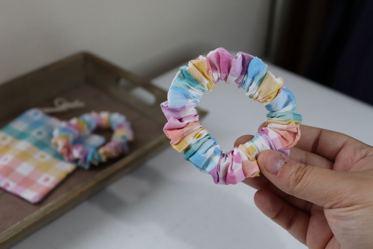 Upcycled Hair Scrunchie: Pastel Rainbow (Skinny)