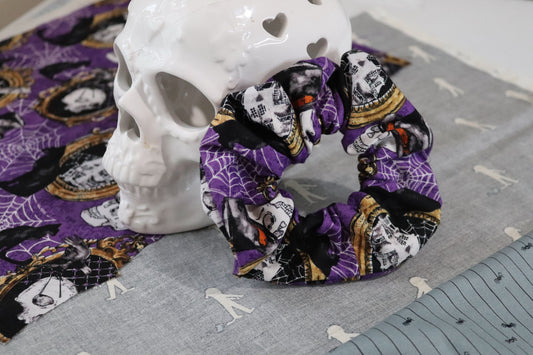 Purple Cats & Skulls Print Spooky Scrunchie
