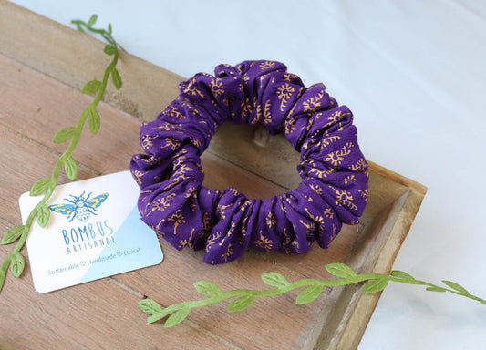 purple and gold handmade hair scrunchie, skinny scrunchie