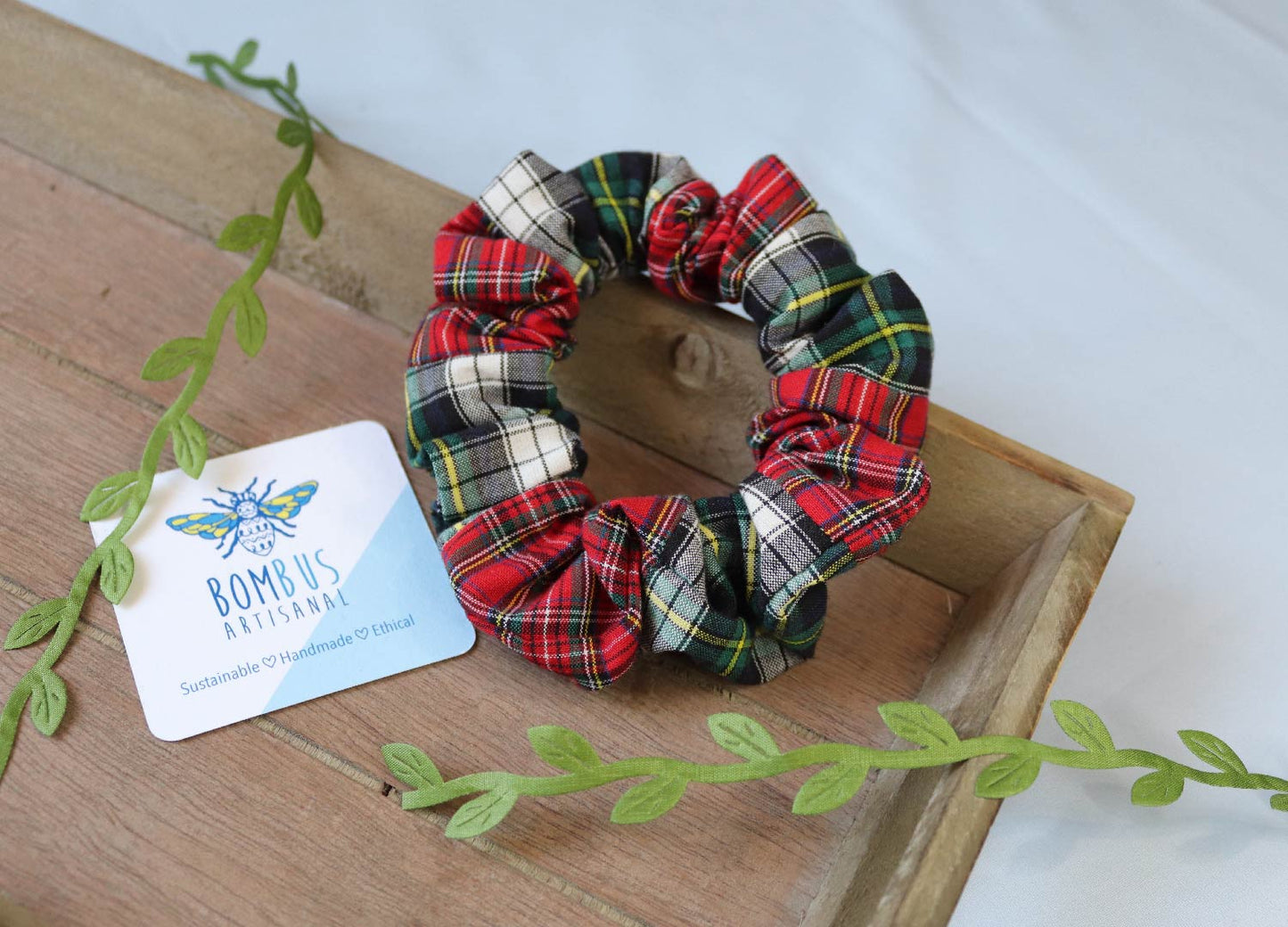 red and green tartan hair scrunchie