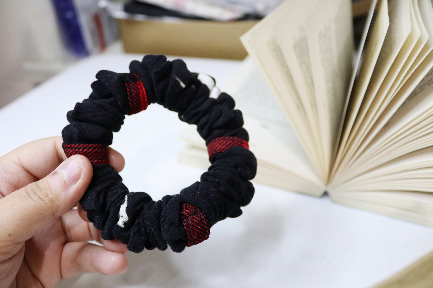 Upcycled Hair Scrunchie: Black & Red