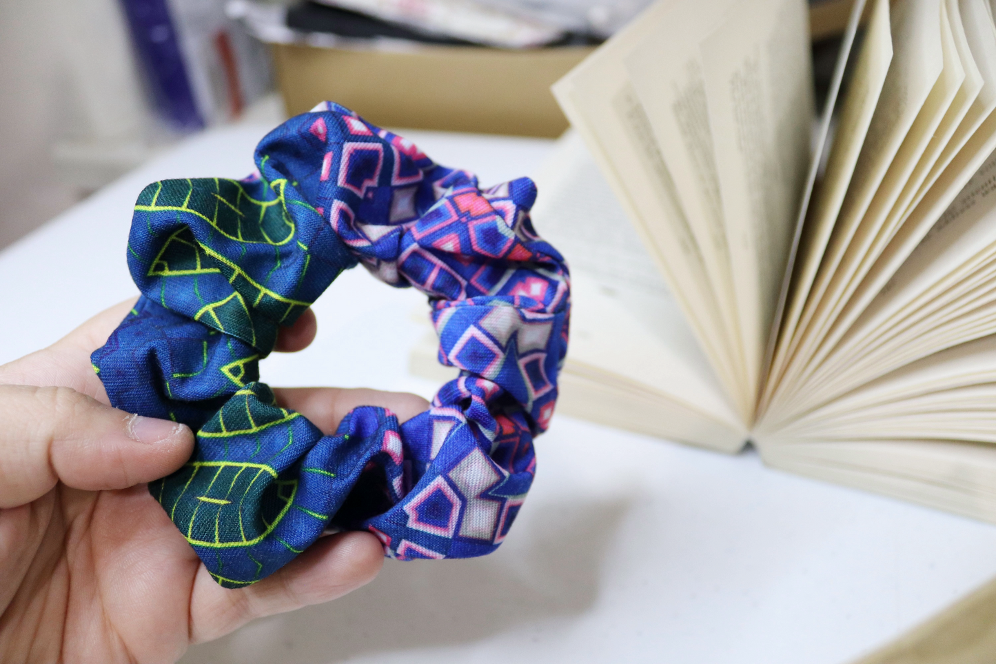 Upcycled Hair Scrunchie: Blue Geometric & Leaf Pattern