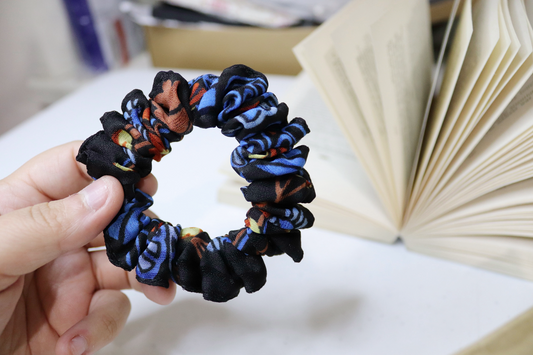 Upcycled Hair Scrunchie: Black & Blue Floral
