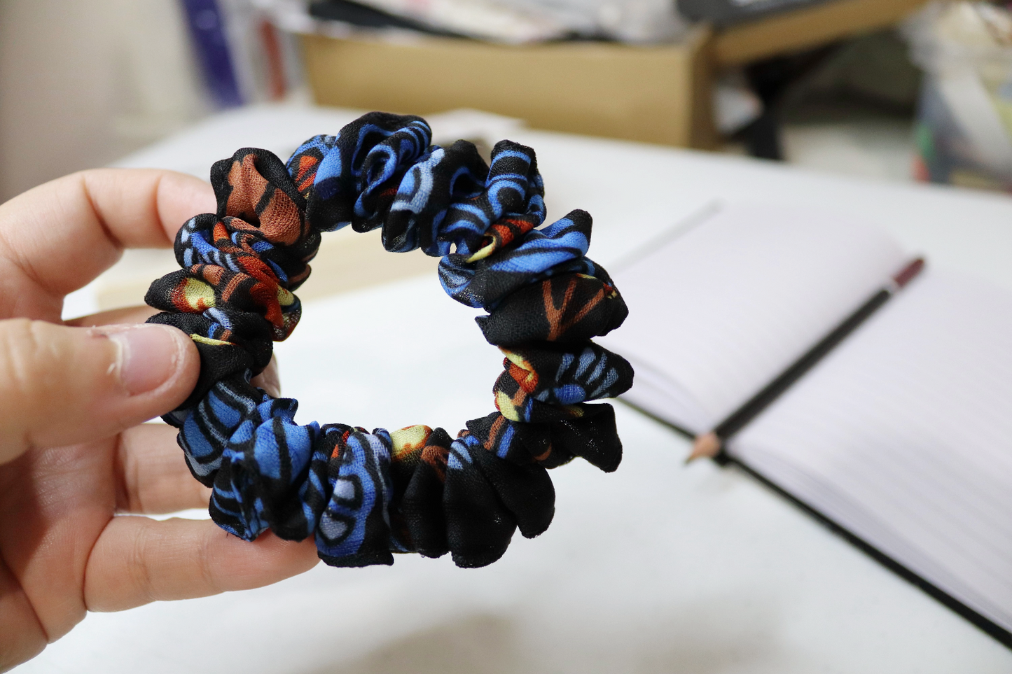 Upcycled Hair Scrunchie: Black & Blue Floral