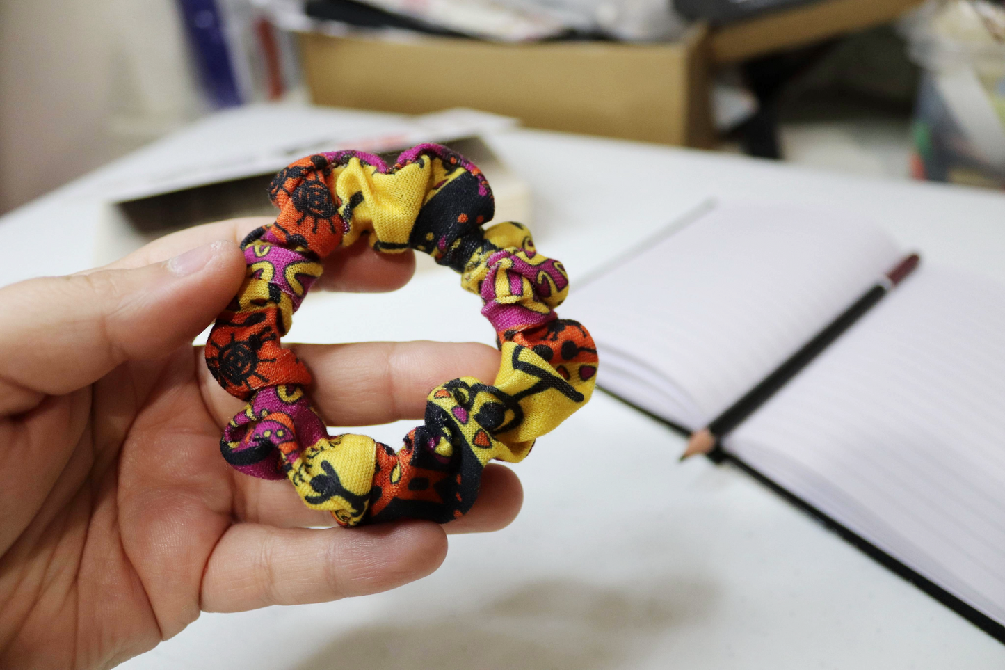 Upcycled Hair Scrunchie: Orange & Yellow Print (Skinny)