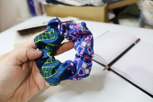Upcycled Hair Scrunchie: Blue Geometric & Leaf Pattern