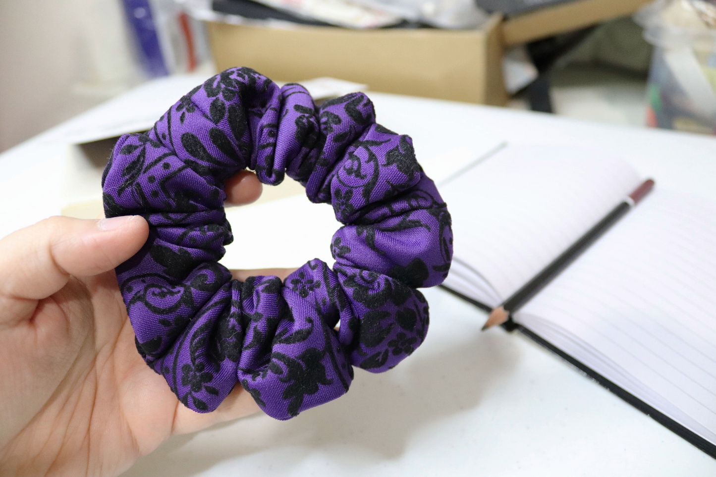 Upcycled Hair Scrunchie: Purple & Black