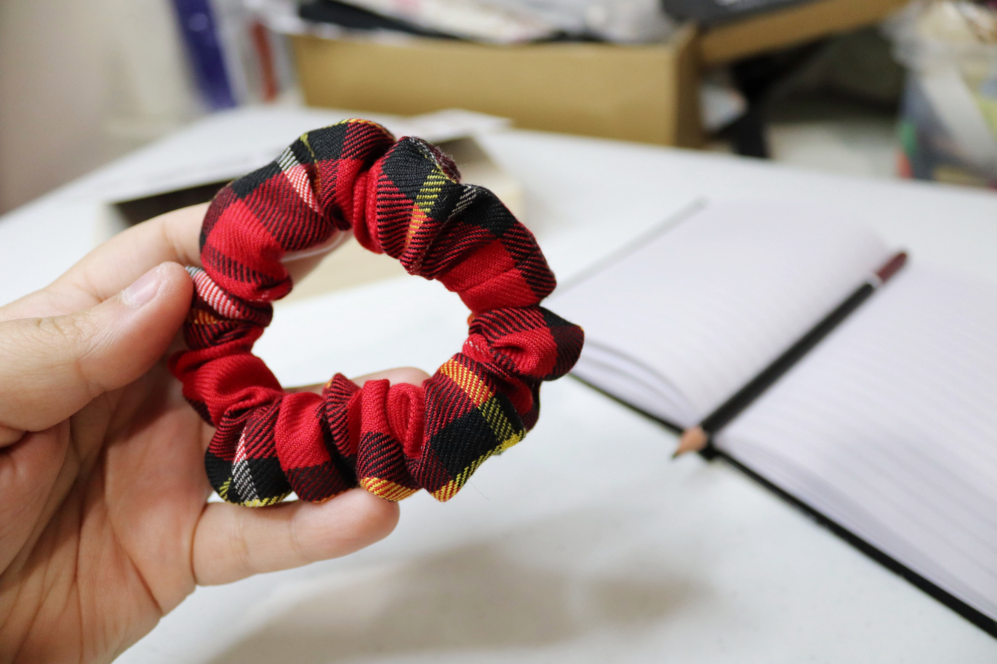 Upcycled Hair Scrunchie: Red Tartan (Skinny)