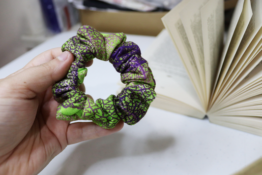Upcycled Hair Scrunchie: Green & Purple Print