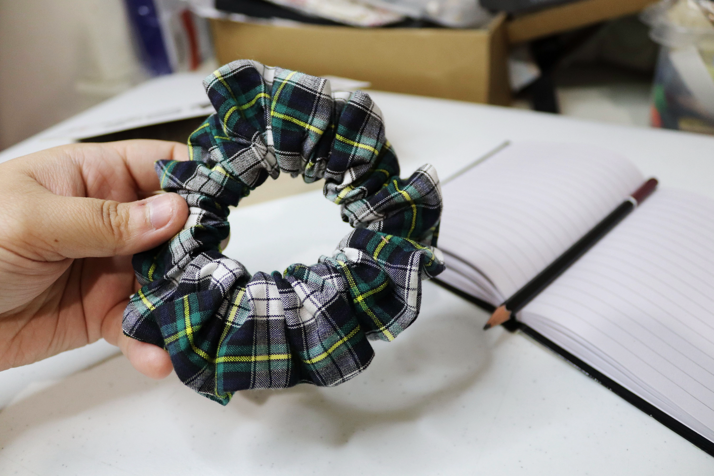 Upcycled Hair Scrunchie: Green Tartan