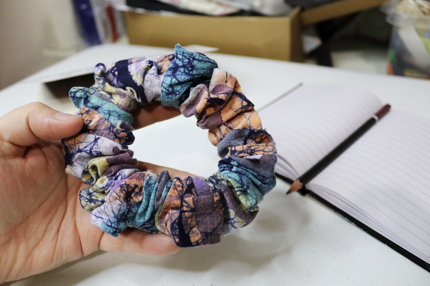 Upcycled Hair Scrunchie: Blue Abstract Print