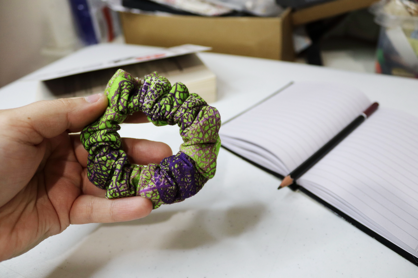 Upcycled Hair Scrunchie: Green & Purple Print