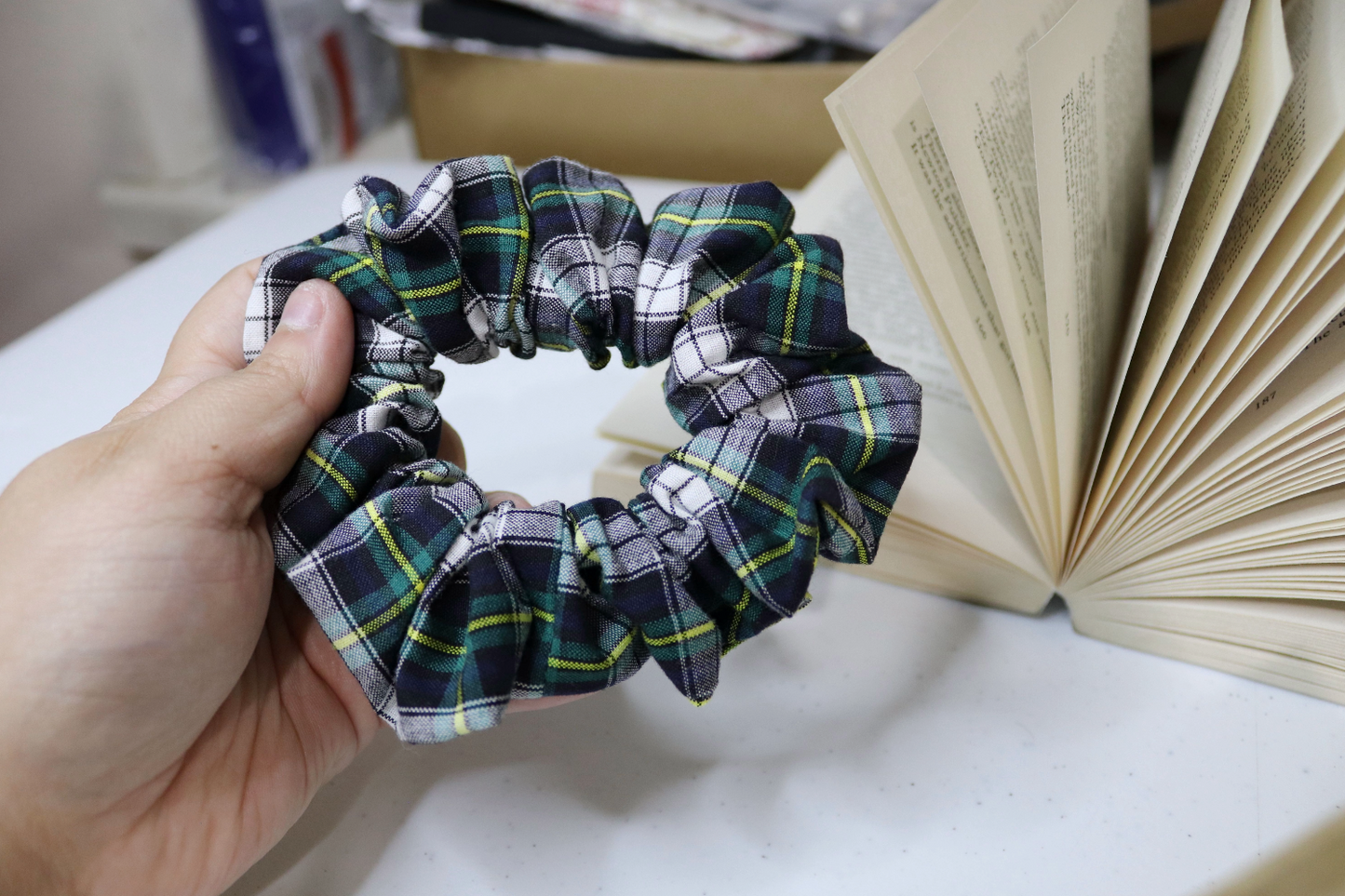 Upcycled Hair Scrunchie: Green Tartan