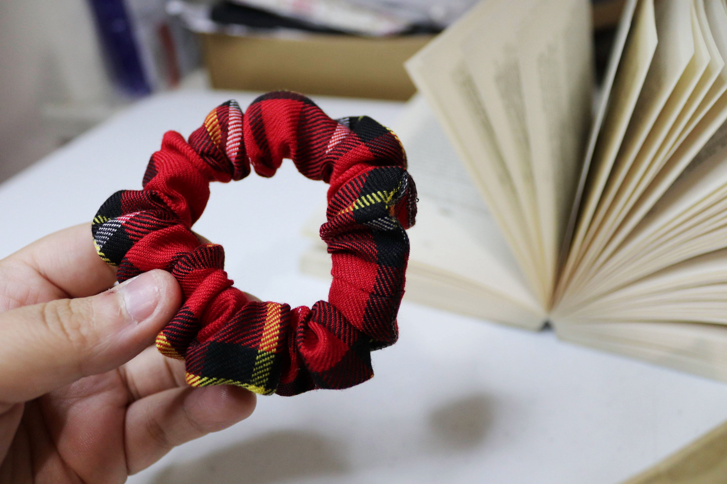 Upcycled Hair Scrunchie: Red Tartan (Skinny)