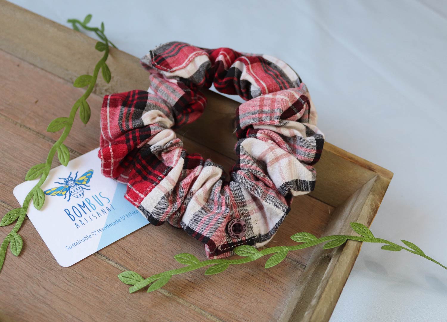 red and white tartan handmade hair scrunchie