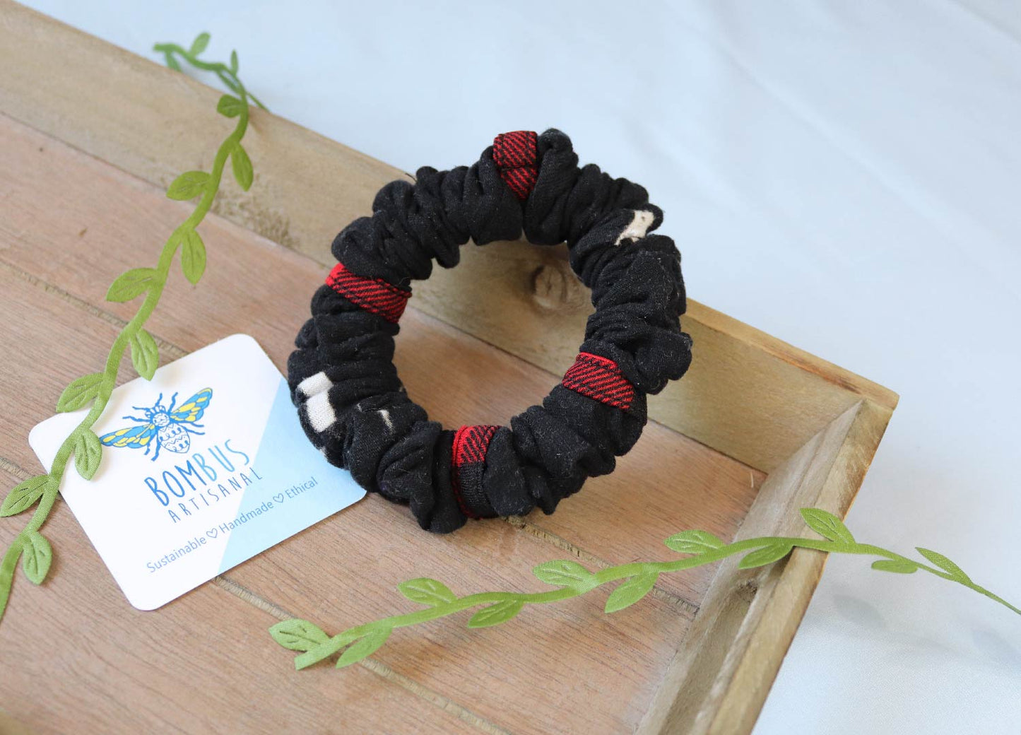 Upcycled Hair Scrunchie: Black & Red