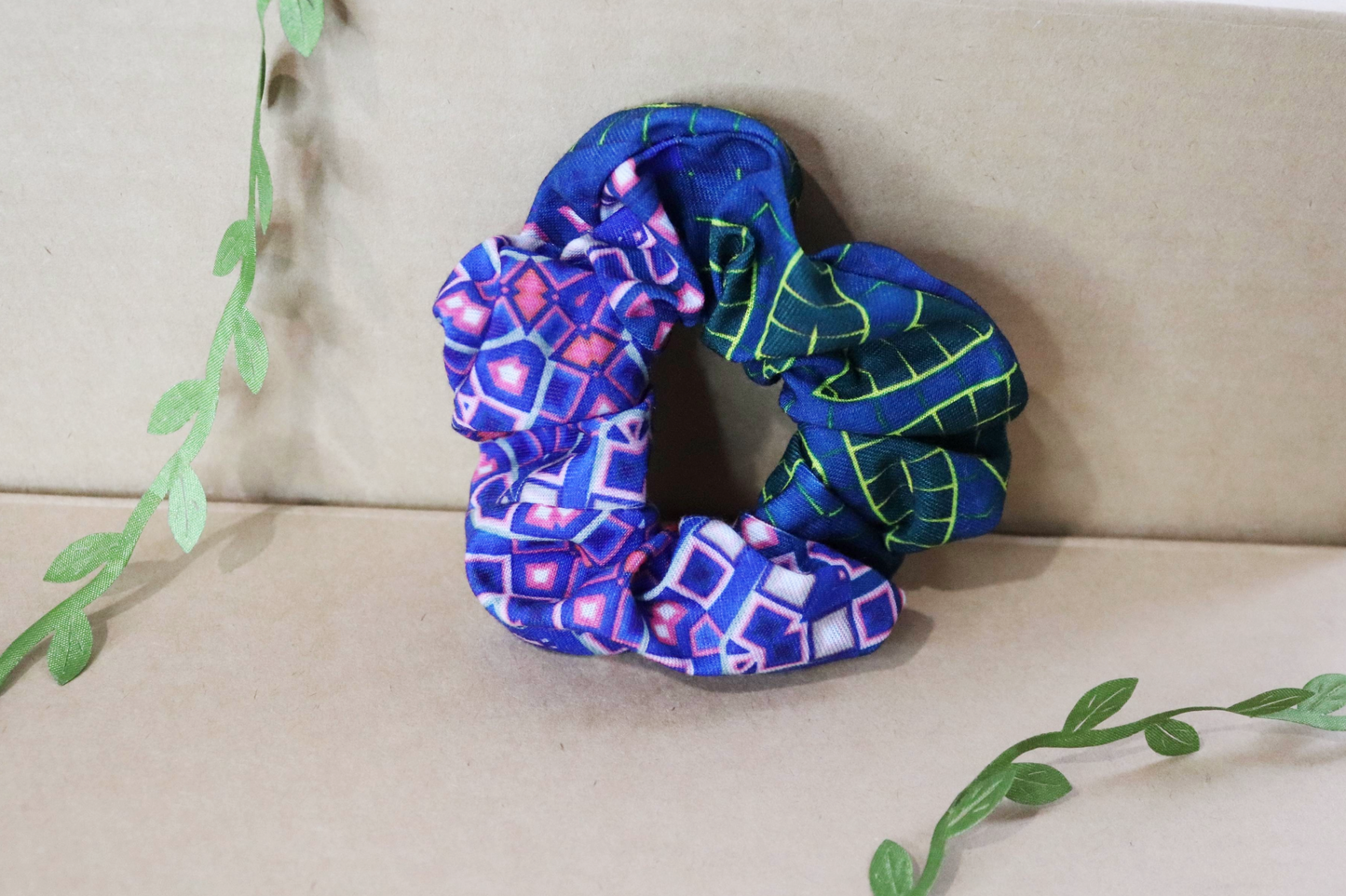 Upcycled Hair Scrunchie: Blue Geometric & Leaf Pattern