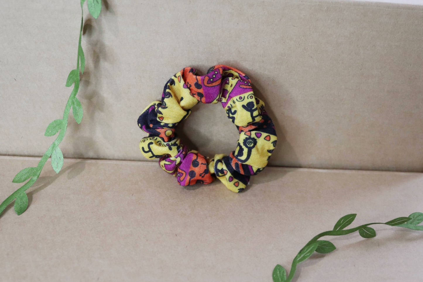 Upcycled Hair Scrunchie: Orange & Yellow Print (Skinny)