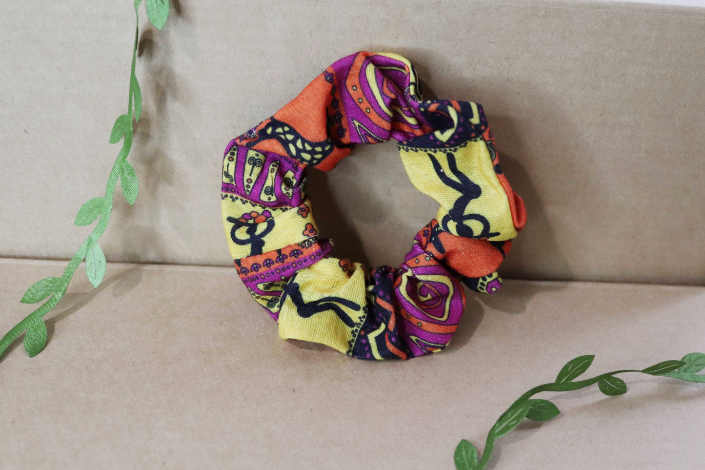 Upcycled Hair Scrunchie: Orange & Yellow Print