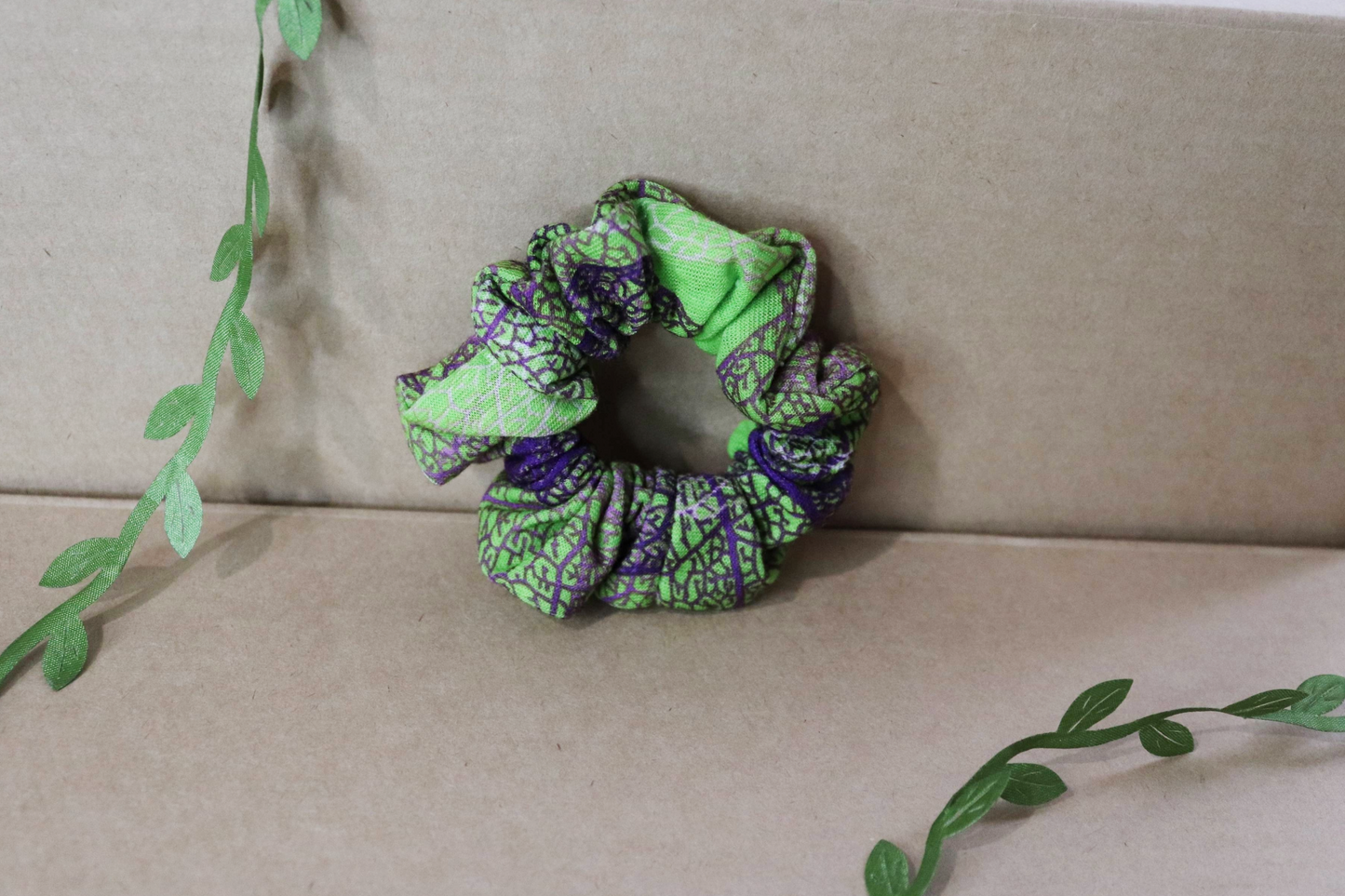 Upcycled Hair Scrunchie: Green & Purple Print