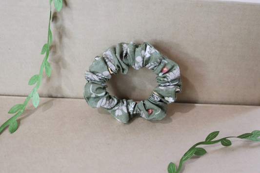 Upcycled Hair Scrunchie: Green Floral Print (Skinny)