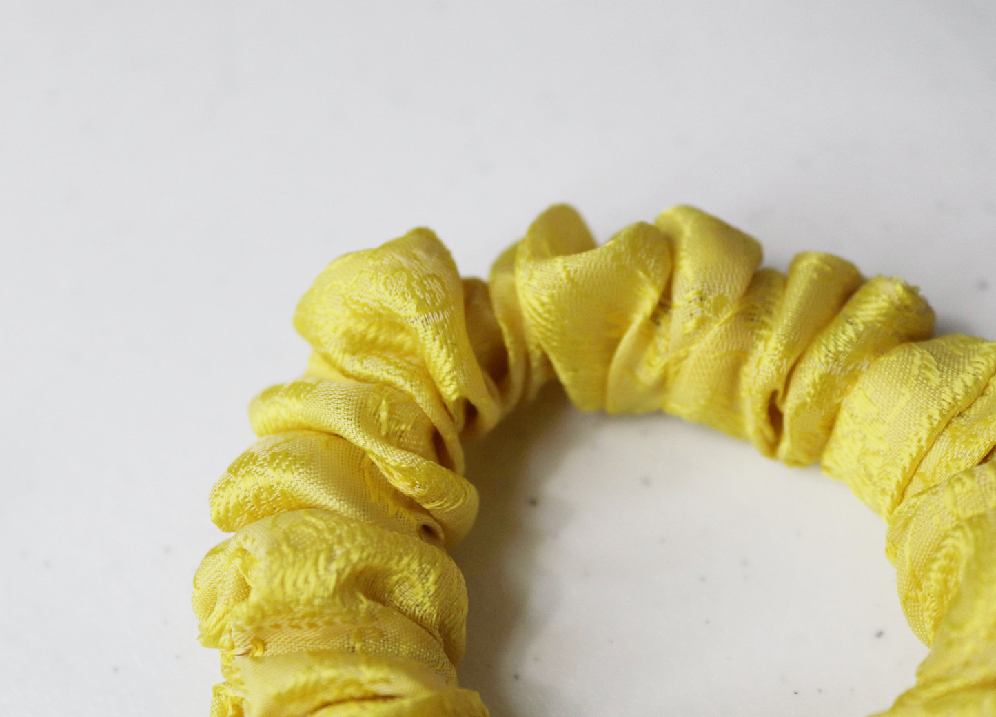 yellow skinny scrunchie satin close up handmade hair scrunchie